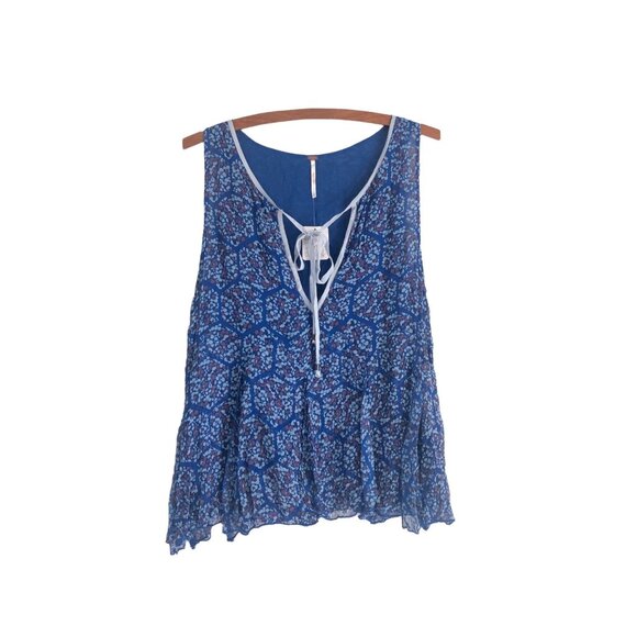Free People Womens Blue Chiffon Sheer Split Neck Tie Ruffle Blouse Boho Small - Picture 1 of 5